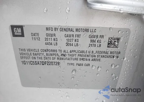 2013 Chevrolet Malibu 1Lt из США, поврежденный, VIN 1G11C5SA7DF220729